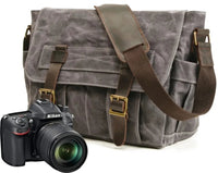 HKM-9499091 water-resistant waxed canvas messenger bag with leather accents