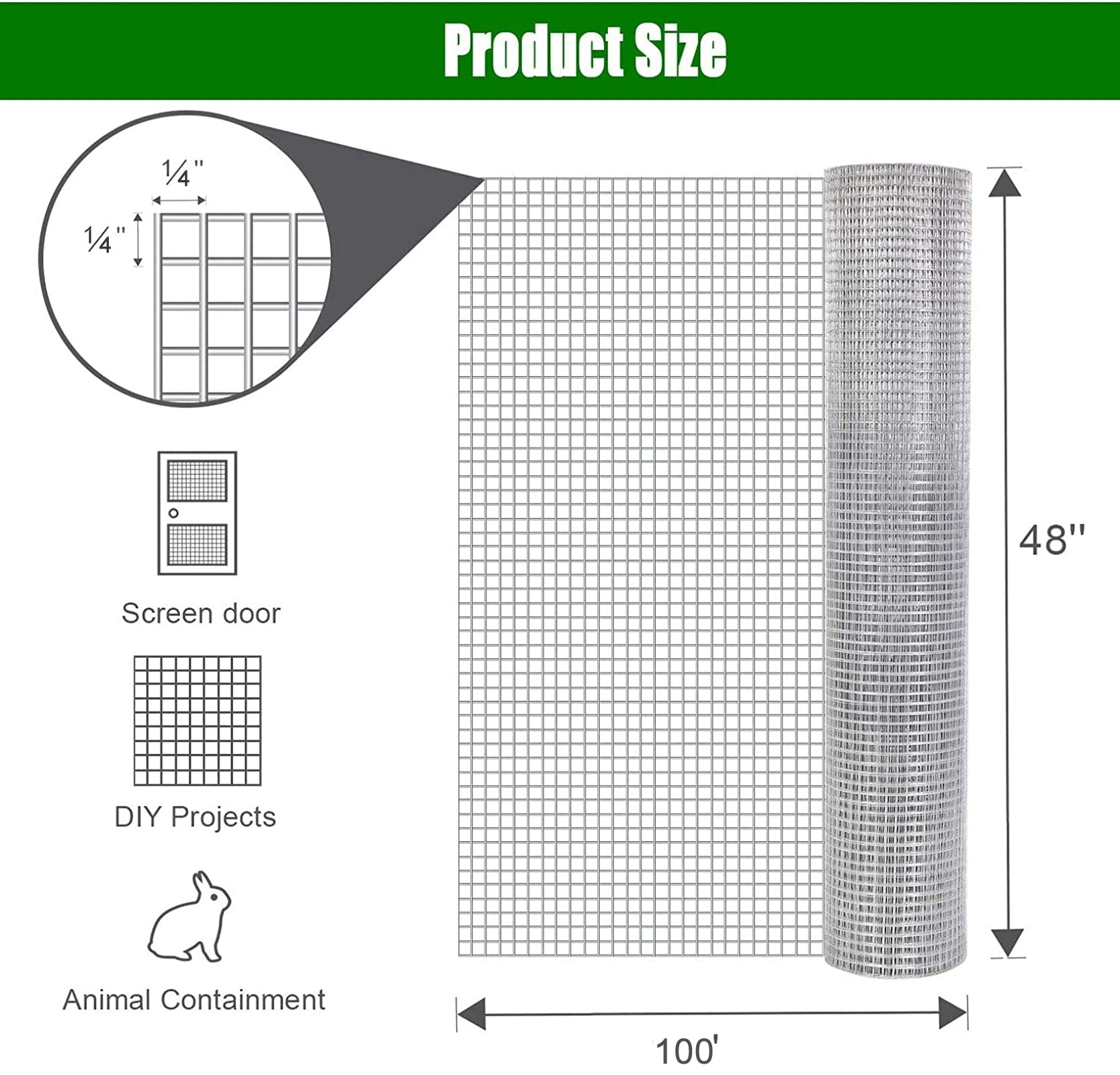 HKM-9499581 Galvanized 1/4 Inch Hardware Cloth Wire Fencing Roll 48in x 100ft for Poultry and Garden Protection