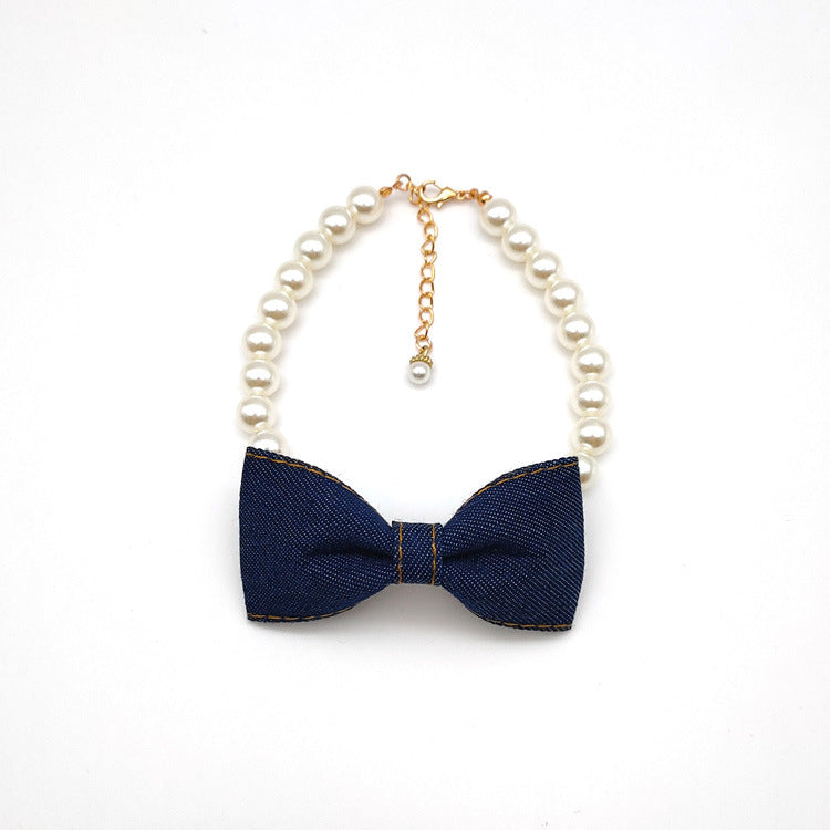 HKM-9500221 Denim Bow Pearl Necklace for Cats and Dogs ¨C Cute Princess Style Pet Accessory