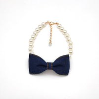 HKM-9500221 Denim Bow Pearl Necklace for Cats and Dogs ¨C Cute Princess Style Pet Accessory