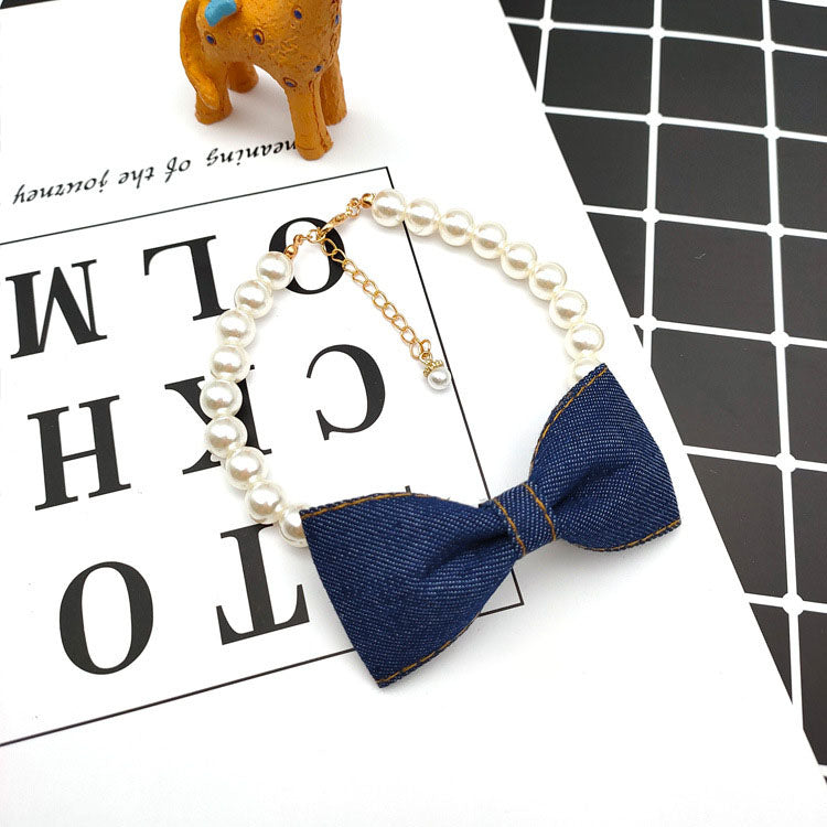 HKM-9500221 Denim Bow Pearl Necklace for Cats and Dogs ¨C Cute Princess Style Pet Accessory