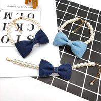 HKM-9500221 Denim Bow Pearl Necklace for Cats and Dogs ¨C Cute Princess Style Pet Accessory