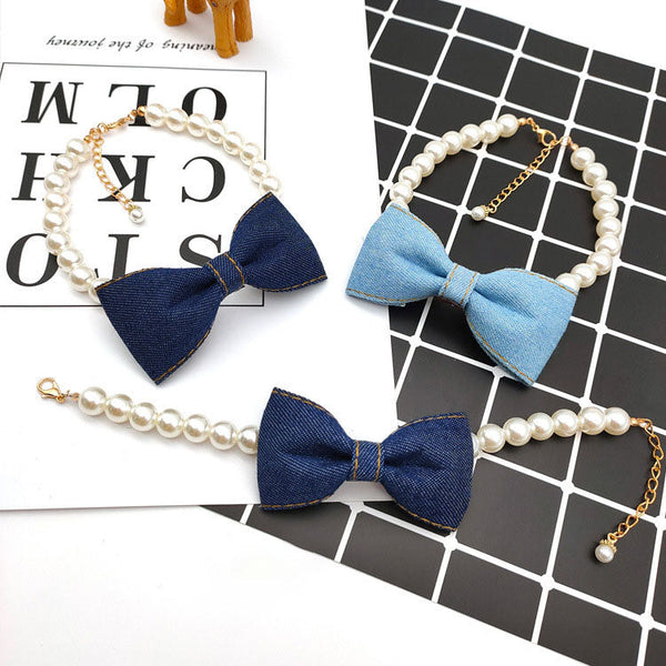 HKM-9500221 Denim Bow Pearl Necklace for Cats and Dogs ¨C Cute Princess Style Pet Accessory