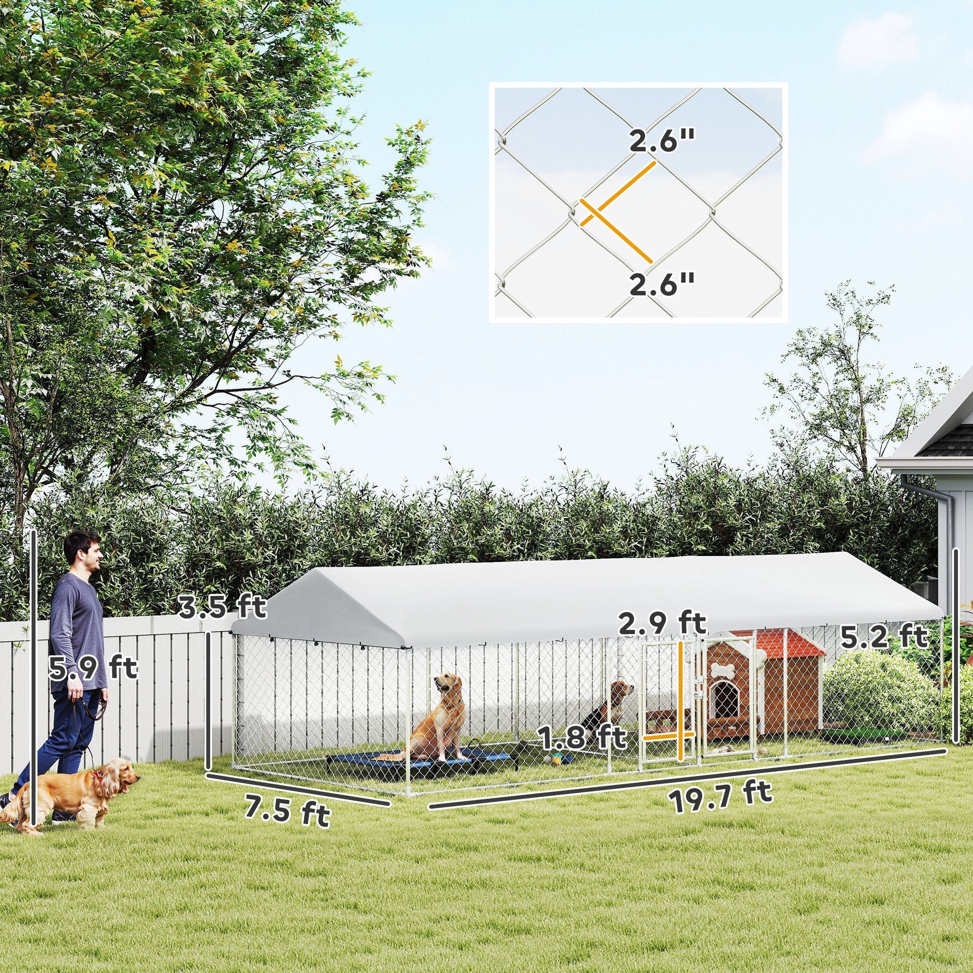 HKM-9501629 Two-Room Outdoor Dog Kennel with Waterproof Roof, Secure Design, Large Play Area 19.7' x 7.5' x 5.2'