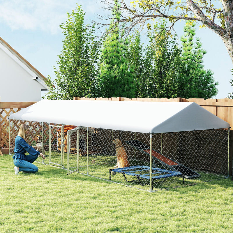 HKM-9501629 Two-Room Outdoor Dog Kennel with Waterproof Roof, Secure Design, Large Play Area 19.7' x 7.5' x 5.2'
