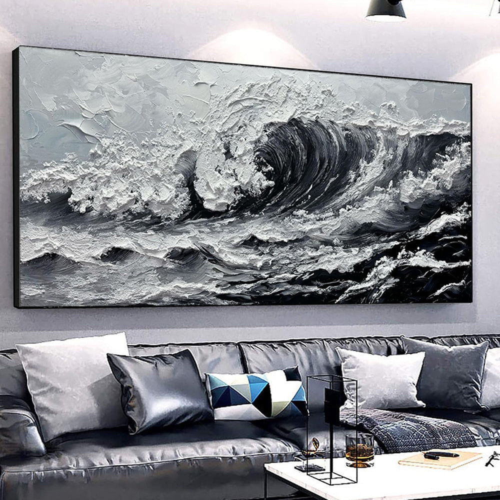 HKM-950163 Large Gray and White Seawaves Seascape Oil Painting on Canvas - Handmade Thick Wall Art for Modern Living Spaces