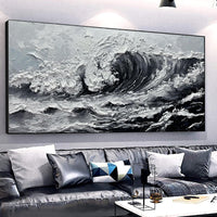 HKM-950163 Large Gray and White Seawaves Seascape Oil Painting on Canvas - Handmade Thick Wall Art for Modern Living Spaces