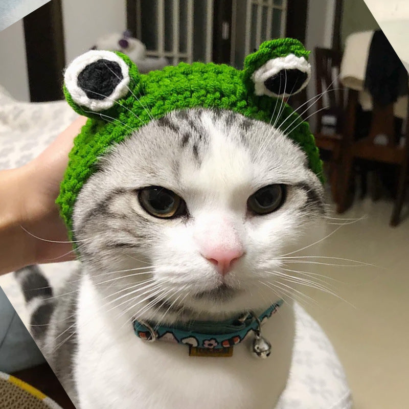 HKM-9502781 Knitted Wool Pet Hat - Cartoon Frog Headdress for Pets, Sizes S & M