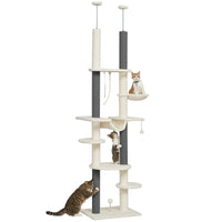 HKM-9507005 Adjustable Floor-to-Ceiling Cat Tree with Hammocks, Scratching Posts, and Plush Comfort in White