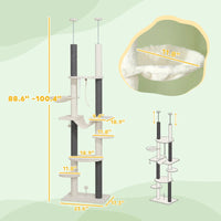 HKM-9507005 Adjustable Floor-to-Ceiling Cat Tree with Hammocks, Scratching Posts, and Plush Comfort in White