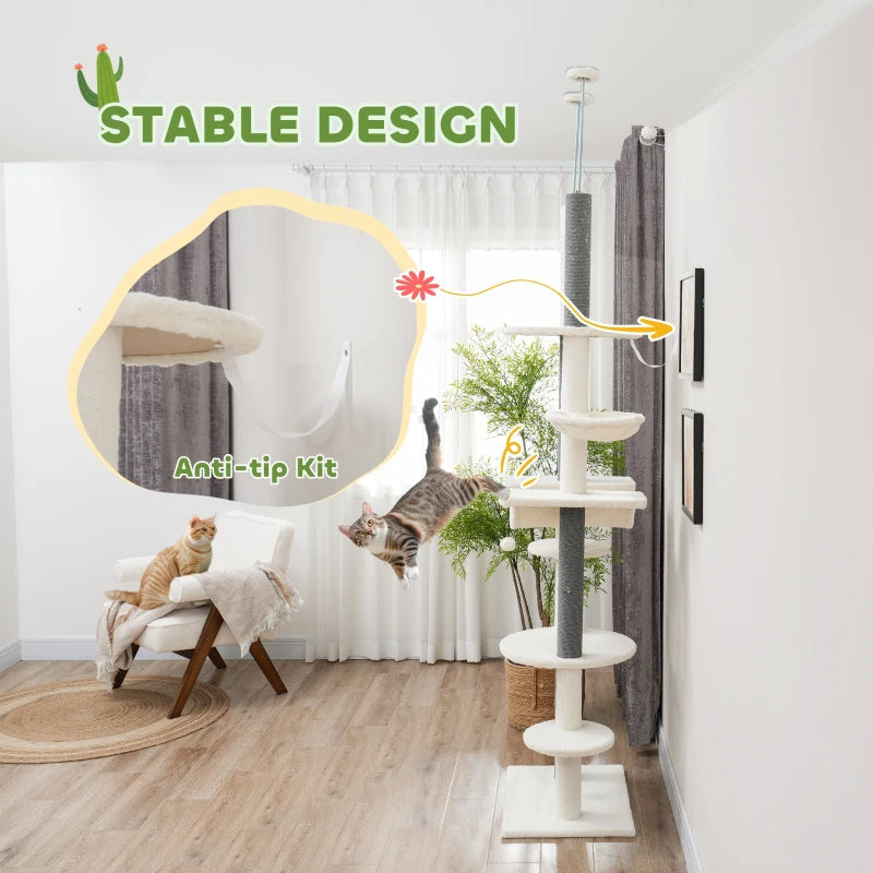 HKM-9507005 Adjustable Floor-to-Ceiling Cat Tree with Hammocks, Scratching Posts, and Plush Comfort in White