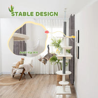 HKM-9507005 Adjustable Floor-to-Ceiling Cat Tree with Hammocks, Scratching Posts, and Plush Comfort in White