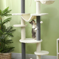 HKM-9507005 Adjustable Floor-to-Ceiling Cat Tree with Hammocks, Scratching Posts, and Plush Comfort in White