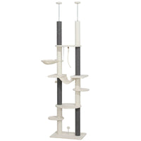 HKM-9507005 Adjustable Floor-to-Ceiling Cat Tree with Hammocks, Scratching Posts, and Plush Comfort in White