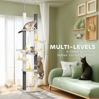 HKM-9507005 Adjustable Floor-to-Ceiling Cat Tree with Hammocks, Scratching Posts, and Plush Comfort in White