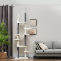 HKM-9507005 Adjustable Floor-to-Ceiling Cat Tree with Hammocks, Scratching Posts, and Plush Comfort in White