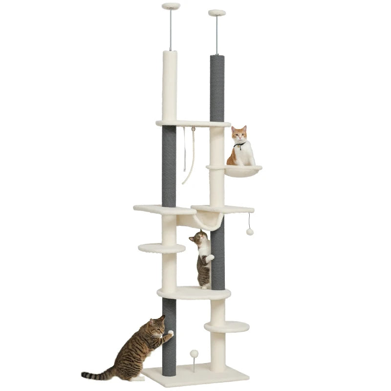 HKM-9507005 Adjustable Floor-to-Ceiling Cat Tree with Hammocks, Scratching Posts, and Plush Comfort in White