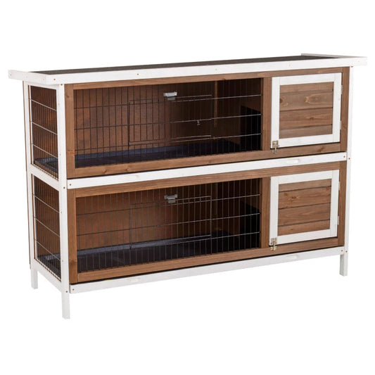 HKM-9507389 Brown Wooden Two-Level Rabbit Hutch with Asphalt Roof for Small Animals and Outdoor Use