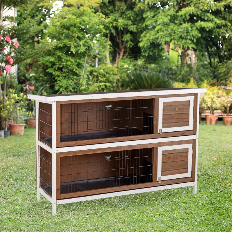 HKM-9507389 Brown Wooden Two-Level Rabbit Hutch with Asphalt Roof for Small Animals and Outdoor Use