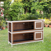 HKM-9507389 Brown Wooden Two-Level Rabbit Hutch with Asphalt Roof for Small Animals and Outdoor Use
