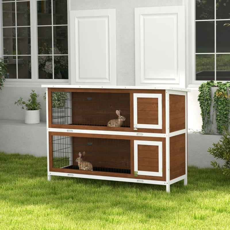 HKM-9507389 Brown Wooden Two-Level Rabbit Hutch with Asphalt Roof for Small Animals and Outdoor Use