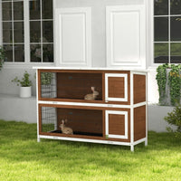 HKM-9507389 Brown Wooden Two-Level Rabbit Hutch with Asphalt Roof for Small Animals and Outdoor Use