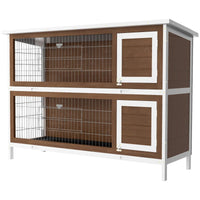 HKM-9507389 Brown Wooden Two-Level Rabbit Hutch with Asphalt Roof for Small Animals and Outdoor Use
