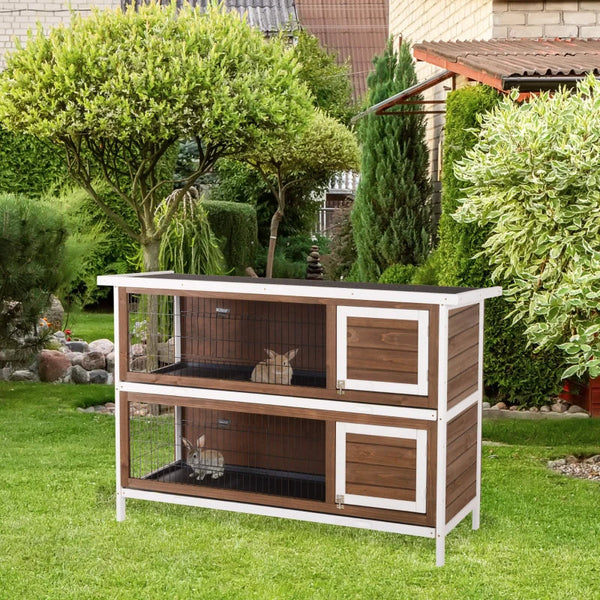 HKM-9507389 Brown Wooden Two-Level Rabbit Hutch with Asphalt Roof for Small Animals and Outdoor Use