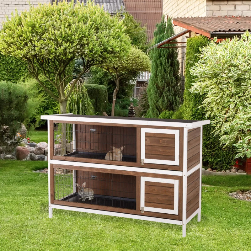 HKM-9507389 Brown Wooden Two-Level Rabbit Hutch with Asphalt Roof for Small Animals and Outdoor Use
