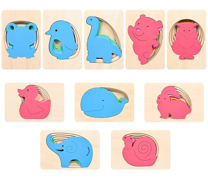 HKM-950931 Colorful 3D Wooden Animal Puzzle for Kids - Elephant, Whale, Dinosaur & More