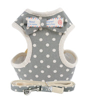 HKM-9510077 Dog Vest-Style Leash with Bowknot Design - Available in Navy Blue Stripes, Blue Grid, Pink Dots, Gray Dots
