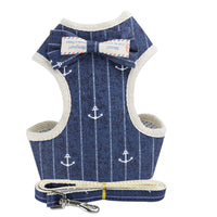 HKM-9510077 Dog Vest-Style Leash with Bowknot Design - Available in Navy Blue Stripes, Blue Grid, Pink Dots, Gray Dots