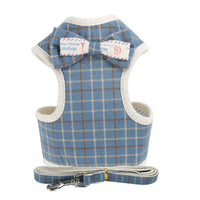 HKM-9510077 Dog Vest-Style Leash with Bowknot Design - Available in Navy Blue Stripes, Blue Grid, Pink Dots, Gray Dots