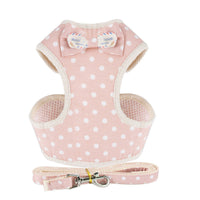HKM-9510077 Dog Vest-Style Leash with Bowknot Design - Available in Navy Blue Stripes, Blue Grid, Pink Dots, Gray Dots