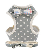 HKM-9510077 Dog Vest-Style Leash with Bowknot Design - Available in Navy Blue Stripes, Blue Grid, Pink Dots, Gray Dots