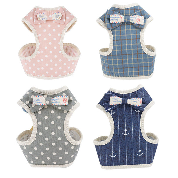 HKM-9510077 Dog Vest-Style Leash with Bowknot Design - Available in Navy Blue Stripes, Blue Grid, Pink Dots, Gray Dots