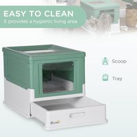 HKM-9514941 Fully Enclosed Cat Litter Box with Top Exit and Pull-Out Tray, Green & White