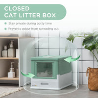 HKM-9514941 Fully Enclosed Cat Litter Box with Top Exit and Pull-Out Tray, Green & White
