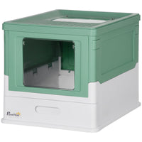 HKM-9514941 Fully Enclosed Cat Litter Box with Top Exit and Pull-Out Tray, Green & White