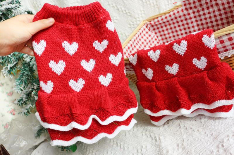 HKM-9517245 Warm Red Heart Cake Princess Dress for Small Dogs - Festive Sweater for New Year Celebrations