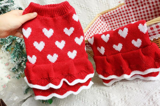HKM-9517245 Warm Red Heart Cake Princess Dress for Small Dogs - Festive Sweater for New Year Celebrations