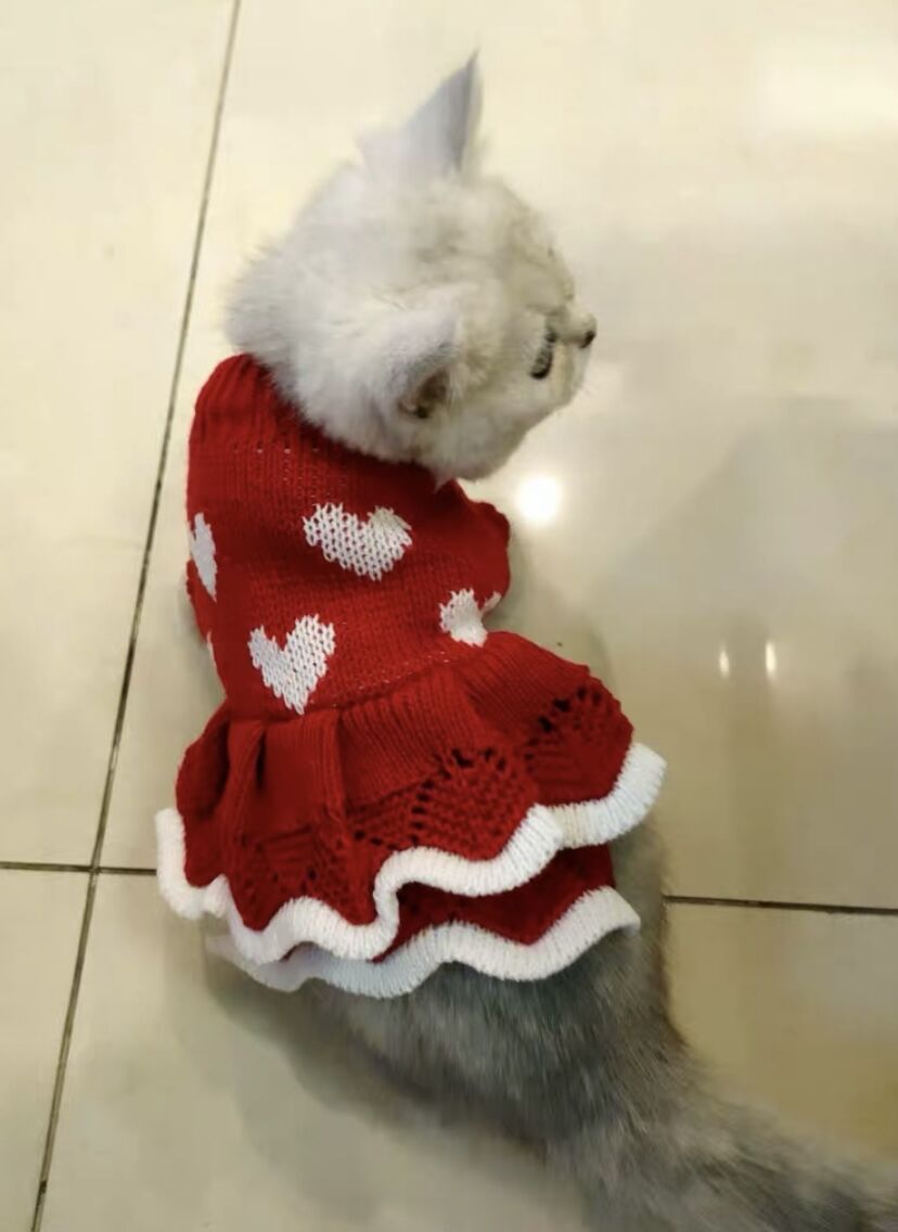 HKM-9517245 Warm Red Heart Cake Princess Dress for Small Dogs - Festive Sweater for New Year Celebrations