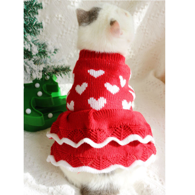 HKM-9517245 Warm Red Heart Cake Princess Dress for Small Dogs - Festive Sweater for New Year Celebrations