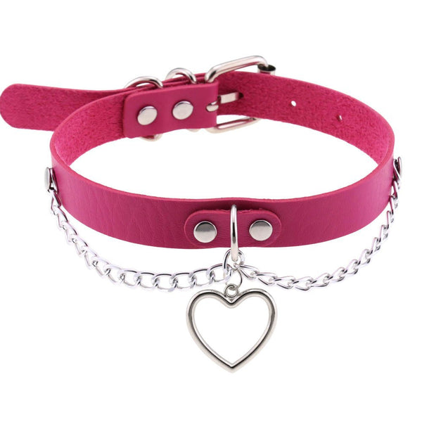 HKM-9521213 Heart-Shaped Leather Collar Necklace in Black and Pink Options