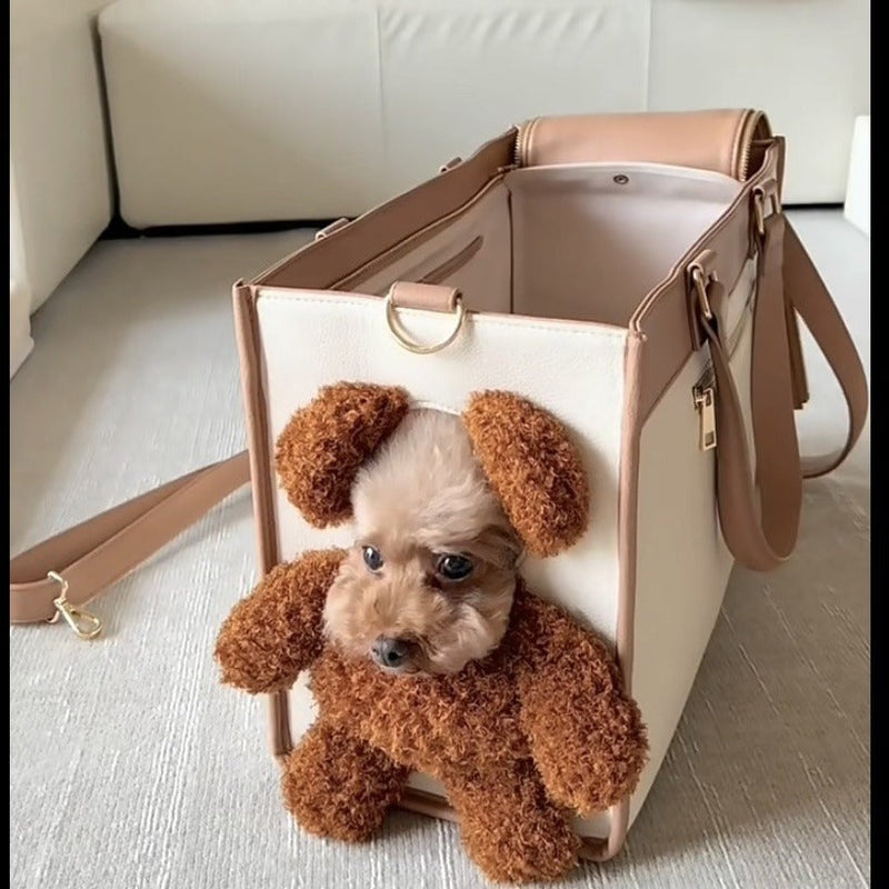 HKM-9521469 One-Shoulder Cute Dog Outing Bag - Large Capacity Pet Carrier in White and Brown