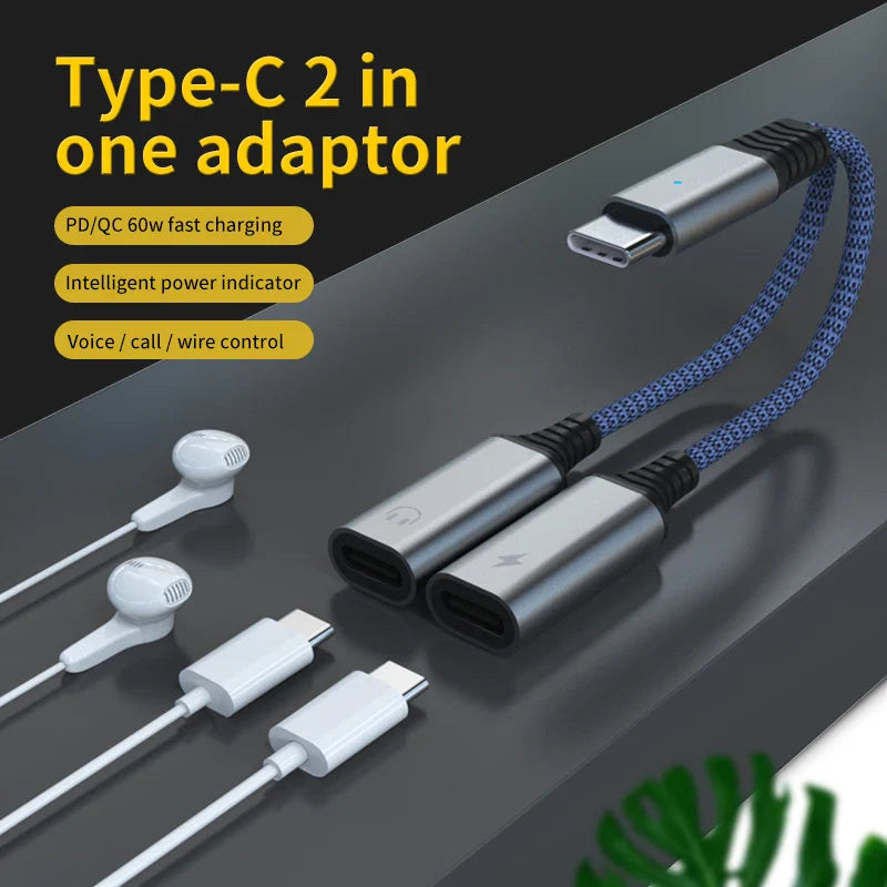 HKM-952275 USB-C Male to Dual Type-C Female Adapter - Y Splitter Cable for Audio and Charging