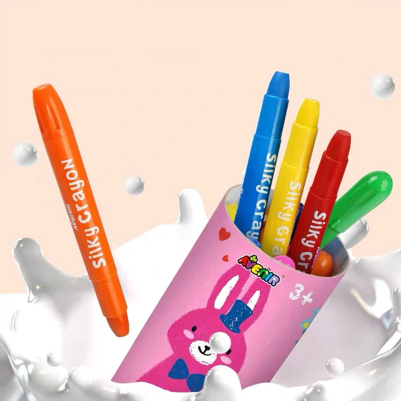 HKM-953107 Silky Crayon Set for Kids - 12 Non-toxic Colors in Cylinder Box, Erasable and Safe for Ages 3+