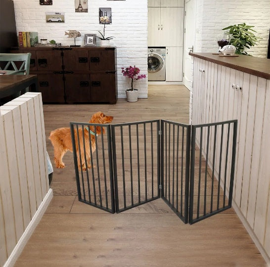 HKM-9532349 Portable Folding Pet Gate for Doorways – Dark Brown Populus Wood, 73x24 Inches, Easy to Move and Store