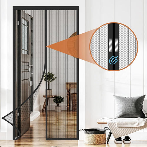 HKM-953299 Magnetic Stripe Summer Door Curtain with Velcro, Black/White Polyester, Modern Style, Sizes 90x210cm & 100x210cm
