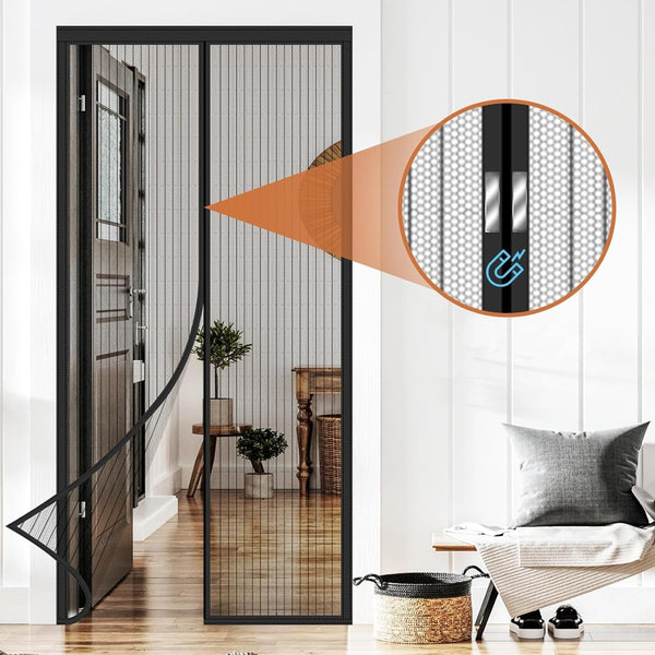 HKM-953299 Magnetic Stripe Summer Door Curtain with Velcro, Black/White Polyester, Modern Style, Sizes 90x210cm & 100x210cm